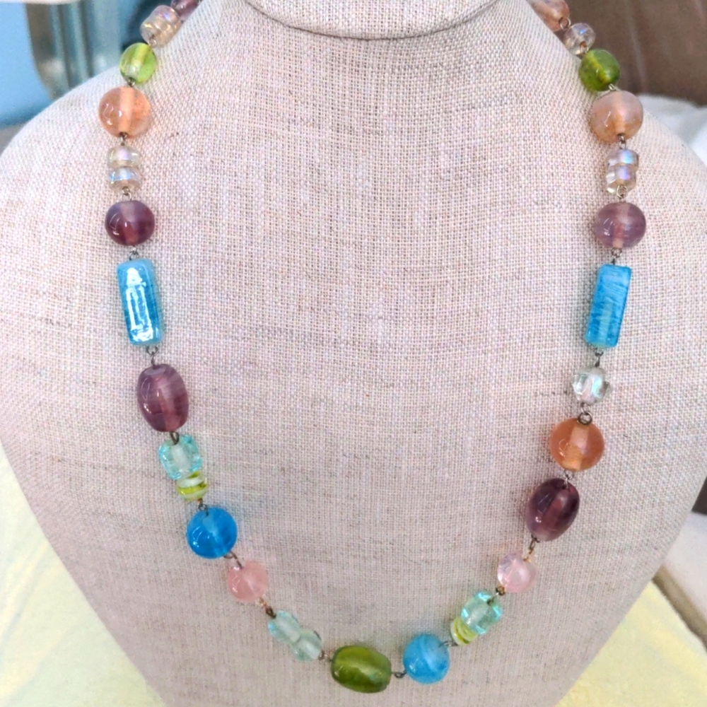 Vintage Murano Glass bead necklace. Multi color, wire wrapped. 25+" Colorful